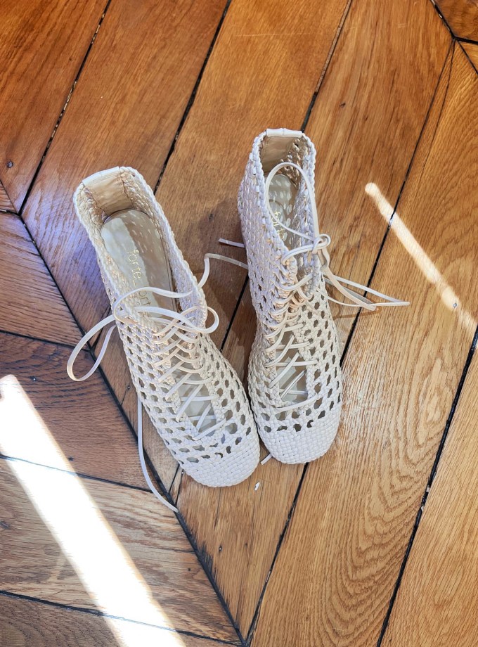 Chic Hand–Woven Ankle Boot Ivory